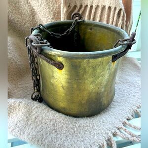 Antique Brass 11” Jam Cauldron Pot Kettle Planter Farmhouse Cast Iron Handle